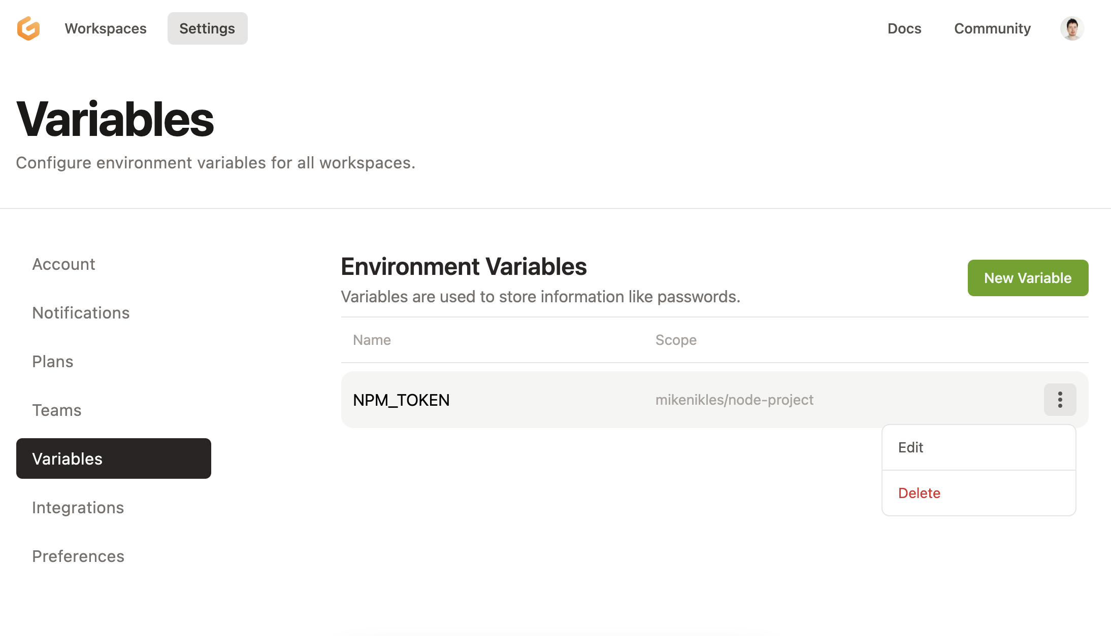 Environment Variables in Account Settings